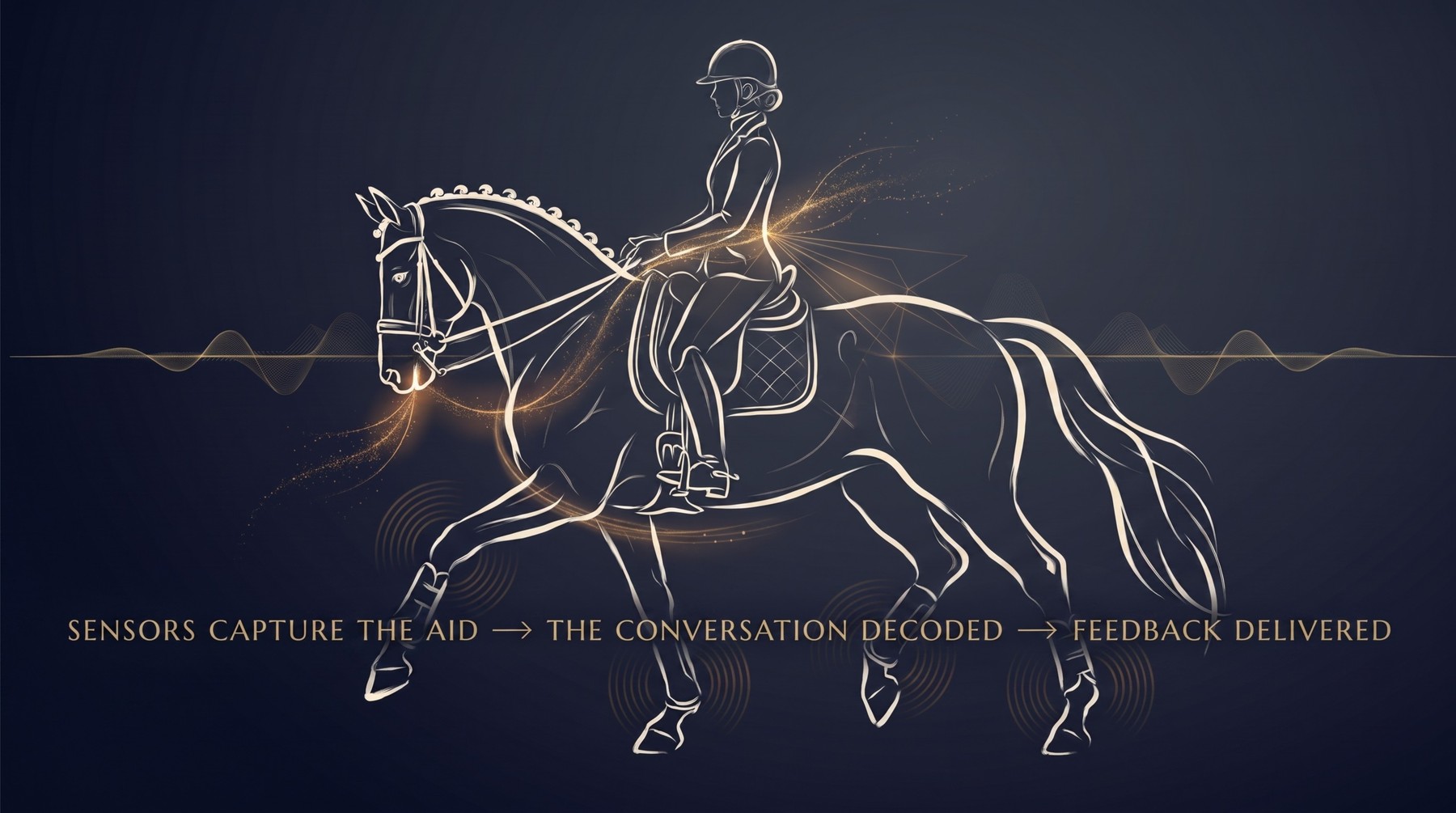 Vector Equine concept — sensors capture the aid, the conversation decoded, feedback delivered