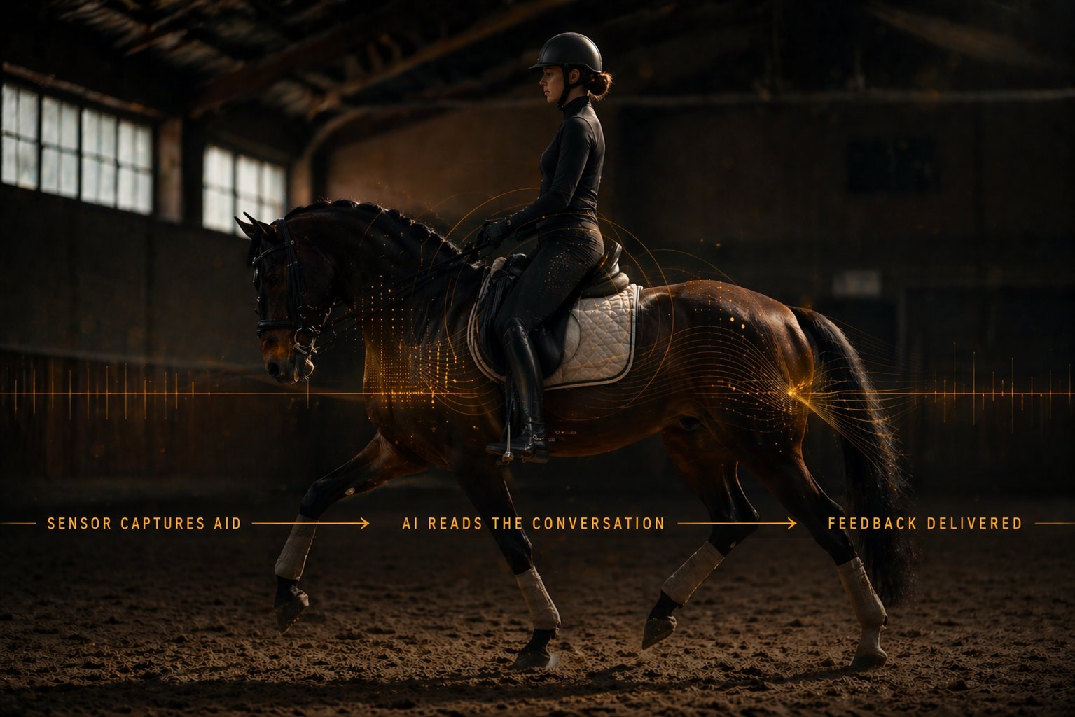 Vector Equine concept — sensor captures aid, AI reads the conversation, feedback delivered